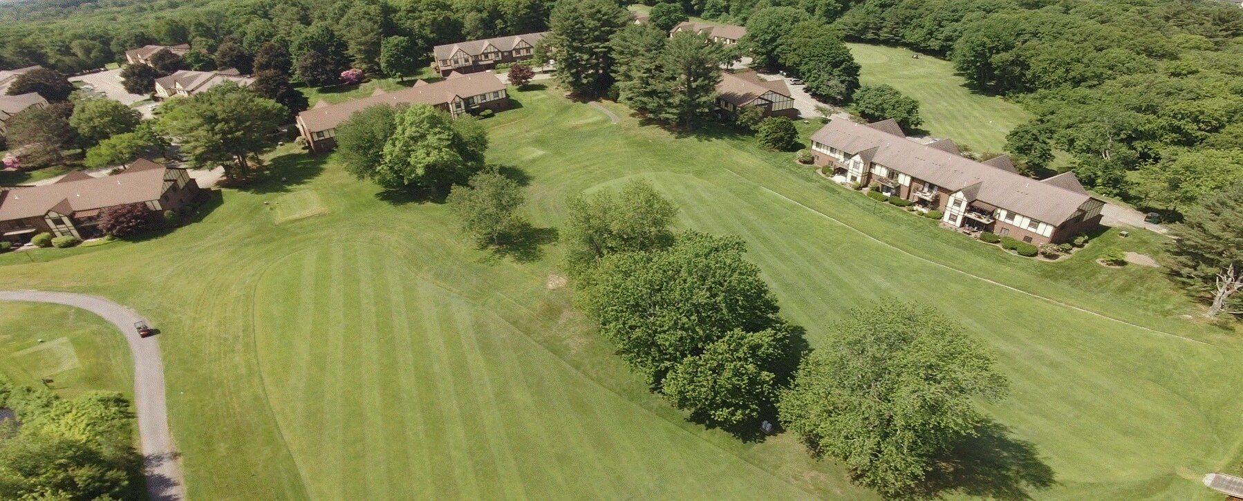 Fairways winding among the Tudor residences from above