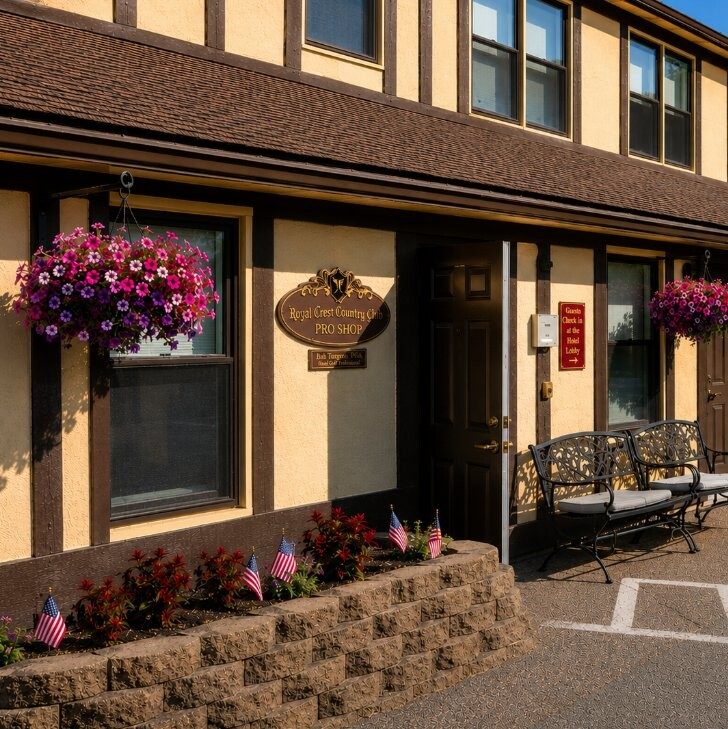 The Royal Crest Country Club Pro Shop entrance, sign, and flower baskets